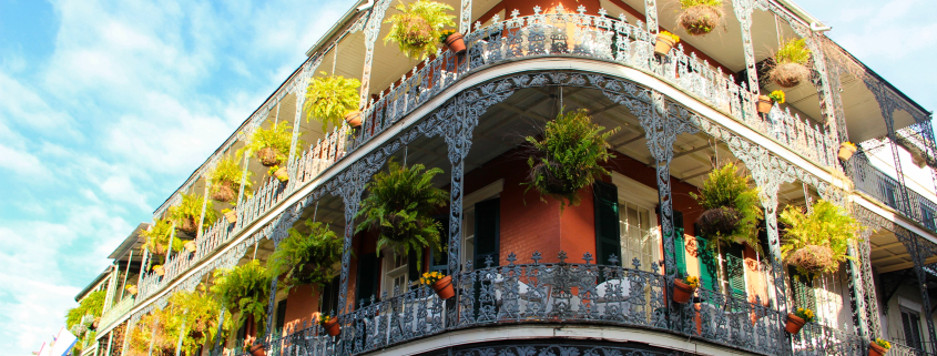 A corner building with wrap around balconies in New Orleans, Louisiana