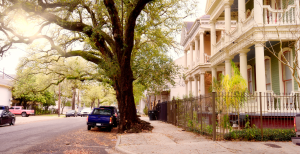 a street in new orleans with a car parked in front of a house