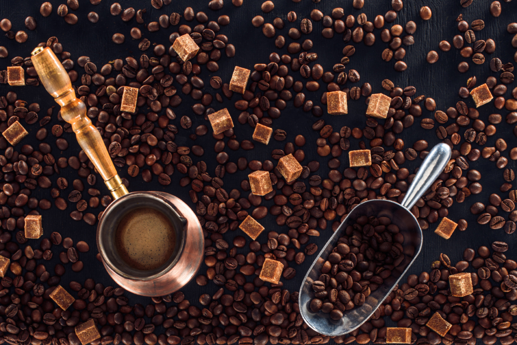 flat lay with roasted coffee beans